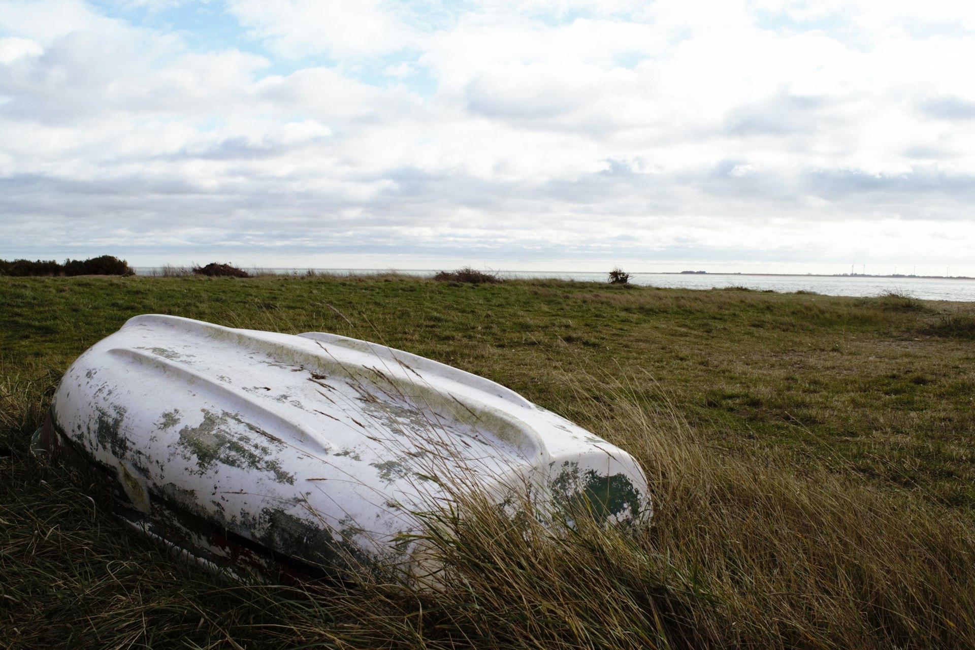 a boat that is laying in the grass
